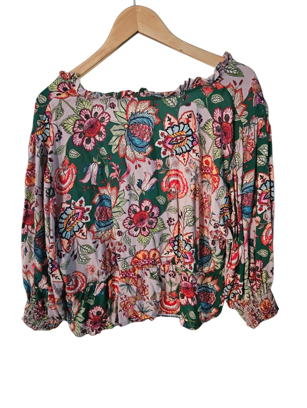 Natural Life Floral Tie Front Peplum Top Blouse Green Pink XL - Picture 3 of 5